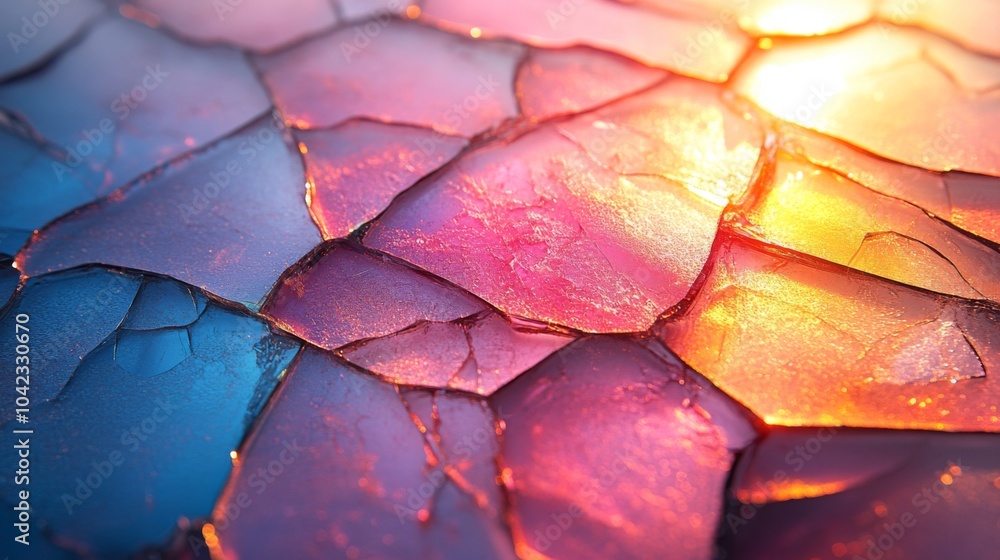 Poster Vibrant pieces of broken glass capture sunlight, creating a beautiful array of colors and patterns. The interplay of light highlights the textures uniquely.