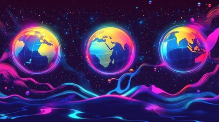 Pastel globes float on a dark-to-neon purple gradient background wallpaper