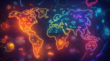 Fototapeta premium Stylized maps with neon continents float on a blue-to-orange gradient wallpaper