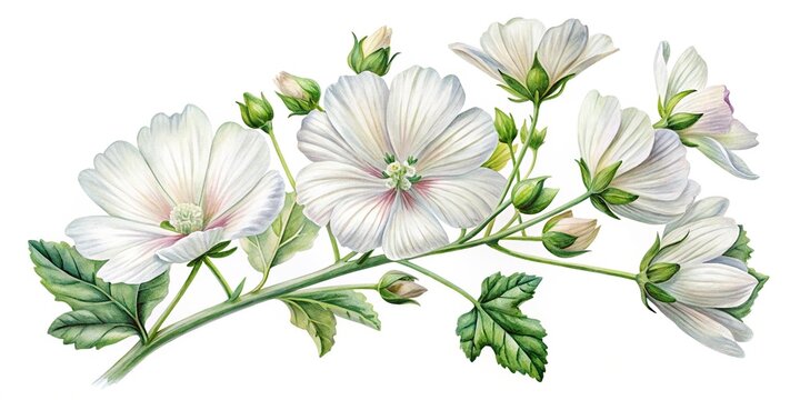 delicate watercolor painting of white musk mallow flower