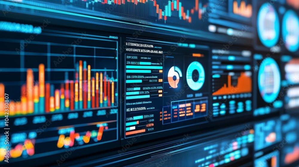 Poster 3d rendering of an abstract blue digital background with data analytics charts and graphs, represent