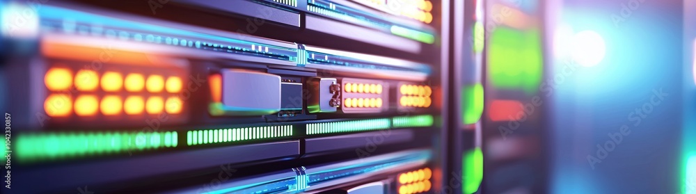 Poster data flow through a dark data center displaying led lights on server racks