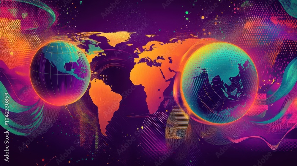 Poster Stylized maps and bright globes float on a purple-to-neon cyan background wallpaper