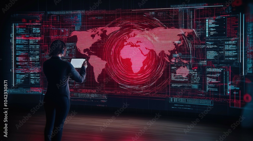 Poster digital world map on transparent screen and woman using tablet in modern office environment. data pr