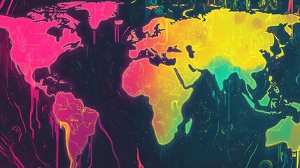 Neon globes and maps float on a deep blue-to-bright pink background wallpaper