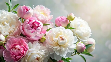 Obraz premium Delicate white and pink peonies with green leaves