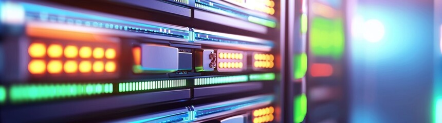 Fototapeta premium Data flow through a dark data center displaying LED lights on server racks