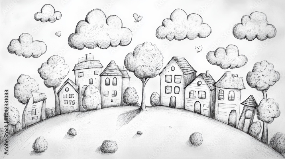 Poster this artwork features a hand-drawn landscape with simple clouds, trees, and houses, creating a delig