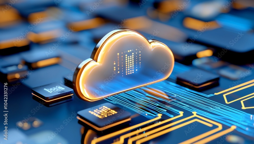 Poster a cloud computing concept showing data transfer. there is a prominent cloud icon in the center with 