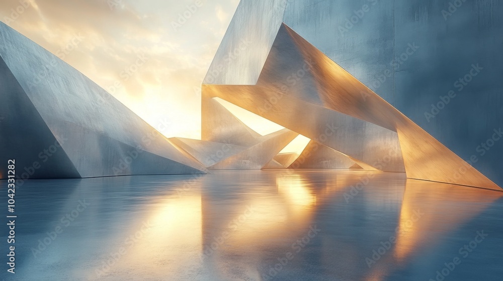 Aufkleber A mesmerizing view of angular metallic structures illuminated by the rising sun, showcasing unique architecture in a contemporary urban setting.