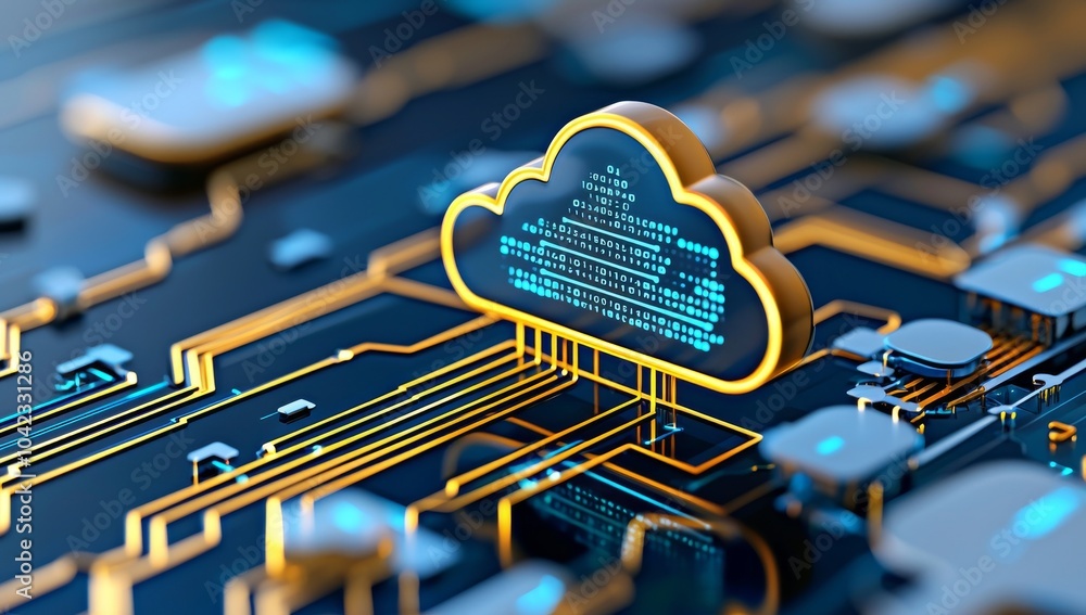 Poster conceptual illustration of cloud computing technology with a large cloud icon in the center connecte