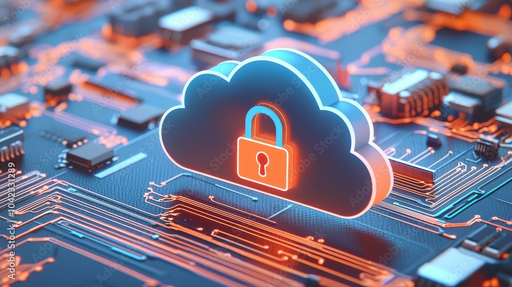 Poster illustration of a stylized cloud icon and secure padlock symbol, representing data protection and cy