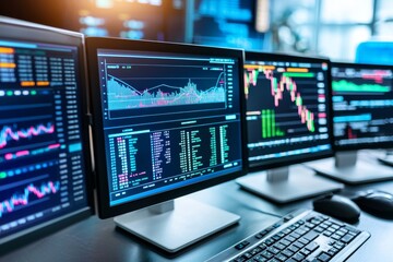 Numerous monitors displayed on the wall, each displaying a variety of screens, Multiple computers depicting real-time data analysis, Stock data analysis