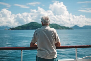 Fototapeta premium Elderly man with gray hair, wearing a casual shirt and shorts, standing at the bow of a ferry enjoying the view 2