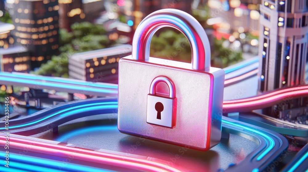 Poster data security in a virtual cityscape. a virtual cityscape with glowing padlocks overlaying buildings