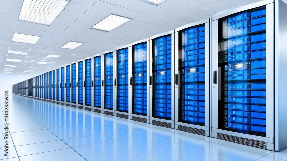 Poster here we see a working data center with rows of rack servers. led lights are blinking and computers a