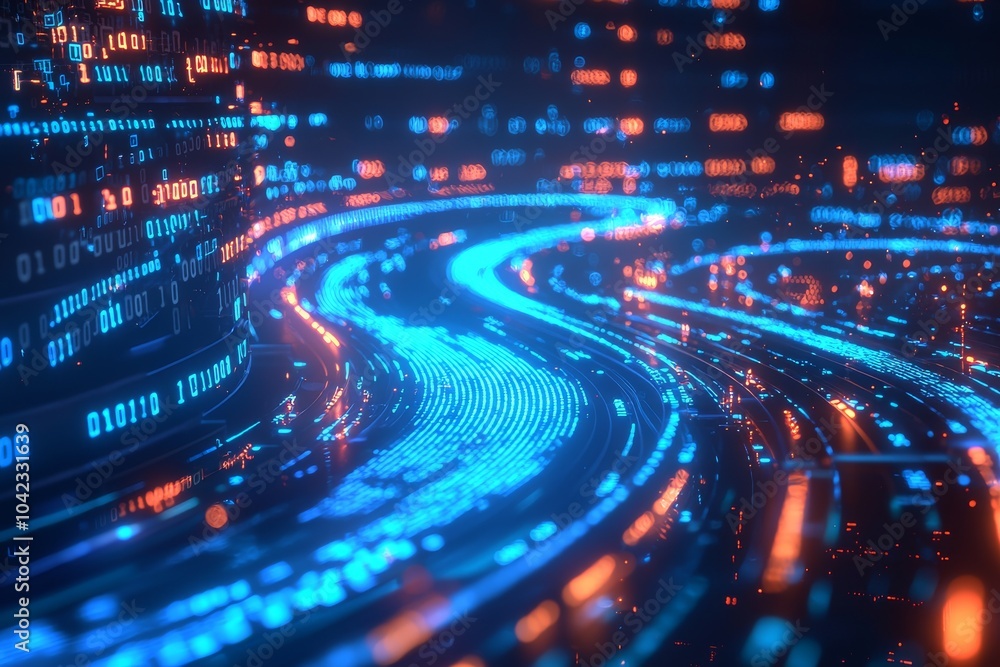 Poster data networks are represented by curved bright neon lines. smooth lines display high speed data.