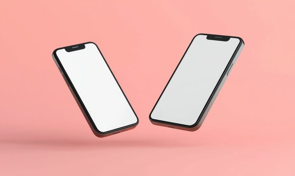 On a pink background, two smartphones are floating in the air with white blank screens. This mockup is a mix and match of both.