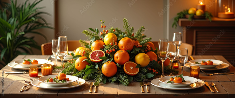 Poster a table with a beautiful fruit arrangement and a lit candle. the table is set for a special occasion