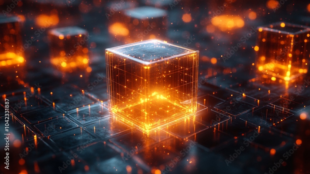 Poster Bright glowing cubes create an eye-catching display in a futuristic digital environment, with warm colors contrasting against a dark background.