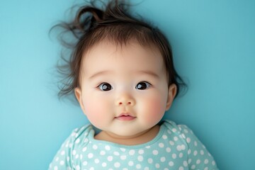 Naklejka premium Asian baby girl with chubby cheeks and almond-shaped eyes, lying on a light blue background 4