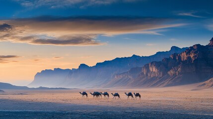 Saudi tourism, sunset mountains, winter in Tantora, Saudi Arabia, a herd of camels in the heart of the Al-Ula desert