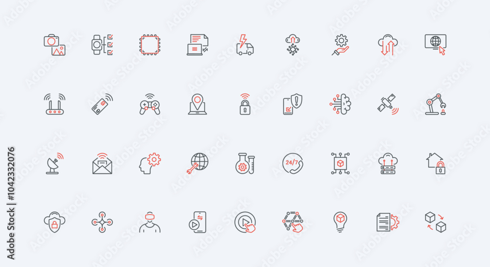 Poster technology of future, digital innovation and ai line icon set. satellite and router, robot productio