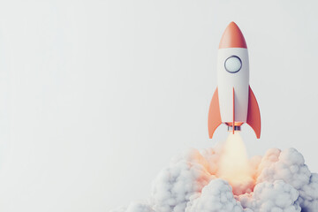 Cartoonish rocket launching from fluffy clouds with a minimalistic background.
