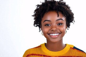 African teenage girl with short curly hair, wearing bright colors, smiling on a white background 5