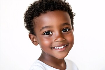 African child boy with short curly hair and dark skin, smiling on a white background 3