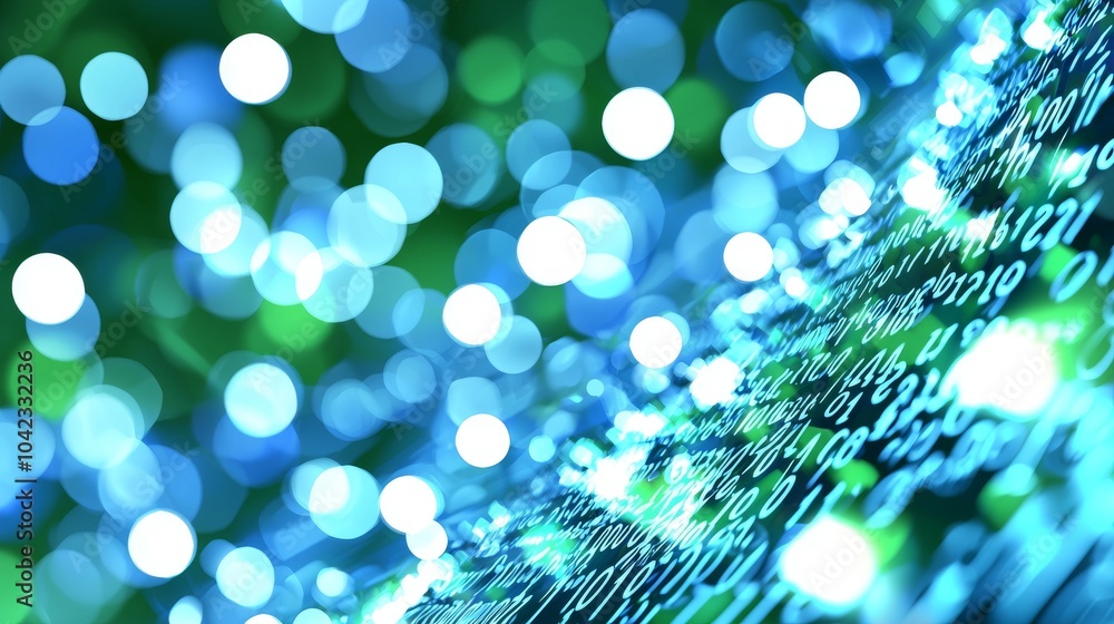 Poster an image of green digital data on a computer screen background. this is a matrix style, back ground,
