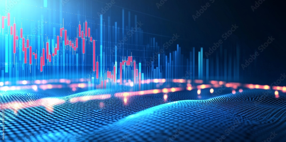 Poster the global map is displayed on a blue background behind an abstract financial chart with an uptrend 