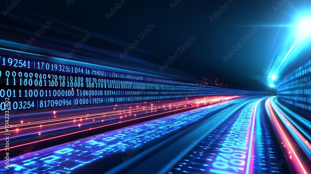 Poster Digital data flow on road in concept of cyber global communication and coding with graphic showing fast speed transfer to demonstrate agile digital transformation disruptive innovation: Stock