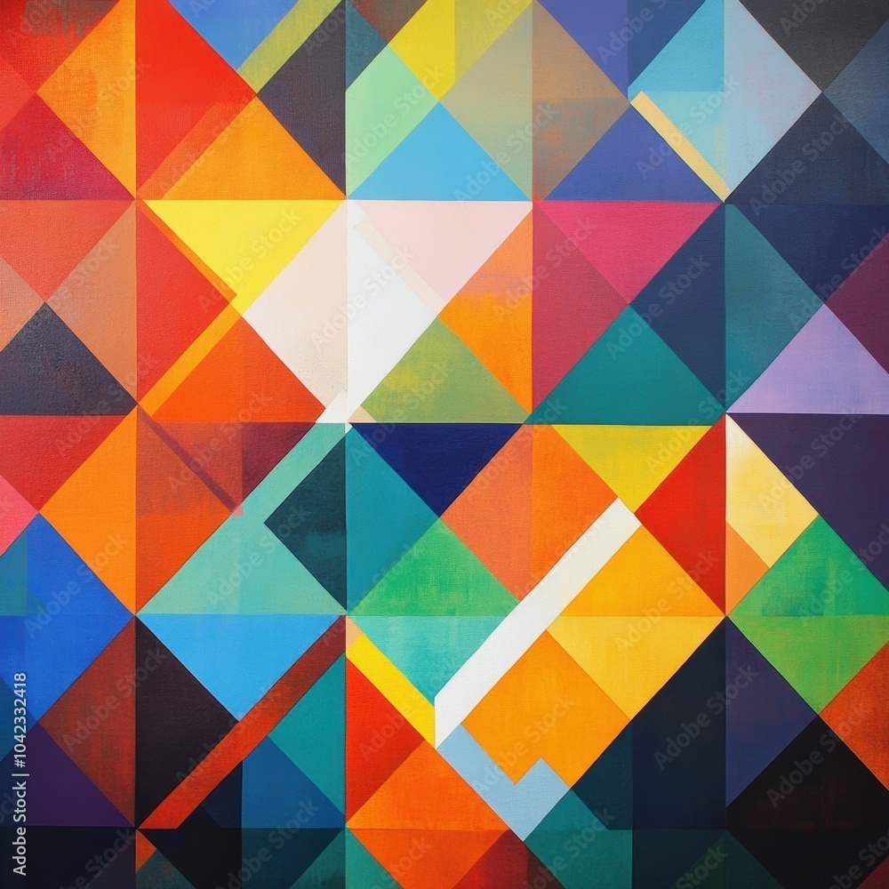 Poster the artwork displays an intricate composition of colorful triangles, creating a vibrant and dynamic 