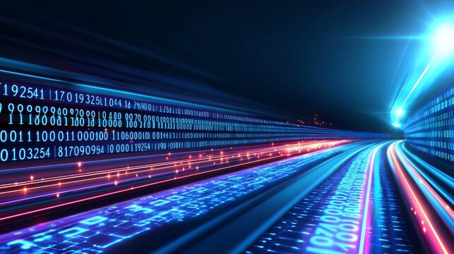 Digital data flow on road in concept of cyber global communication and coding with graphic showing fast speed transfer to demonstrate agile digital transformation disruptive innovation: Stock