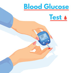 Blood sugar test. Patients hands hold glucometer sugar blood testing glucose level meter, diabetes therapy sanguine patient health check diabetic diagnosis neat vector illustration