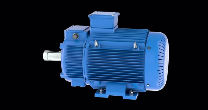 Industrial electric motor rotation animation, seamlessly loopable. 3D rendering isolated on transparent background