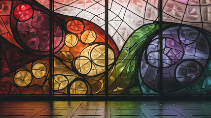 Vibrant stained glass window featuring colorful abstract patterns in hues of red, orange, yellow, green, and purple, creating a stunning visual display of light and artistry.