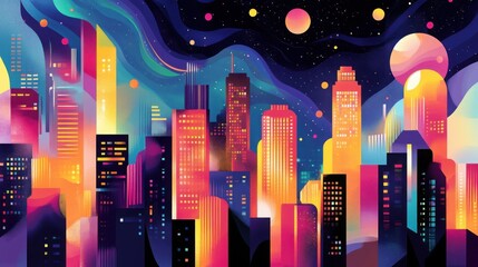 Vibrant futuristic cityscape under a starlit sky - urban poster design