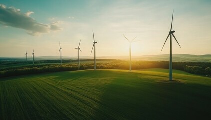 Wind Turbines in a Field at Sunset