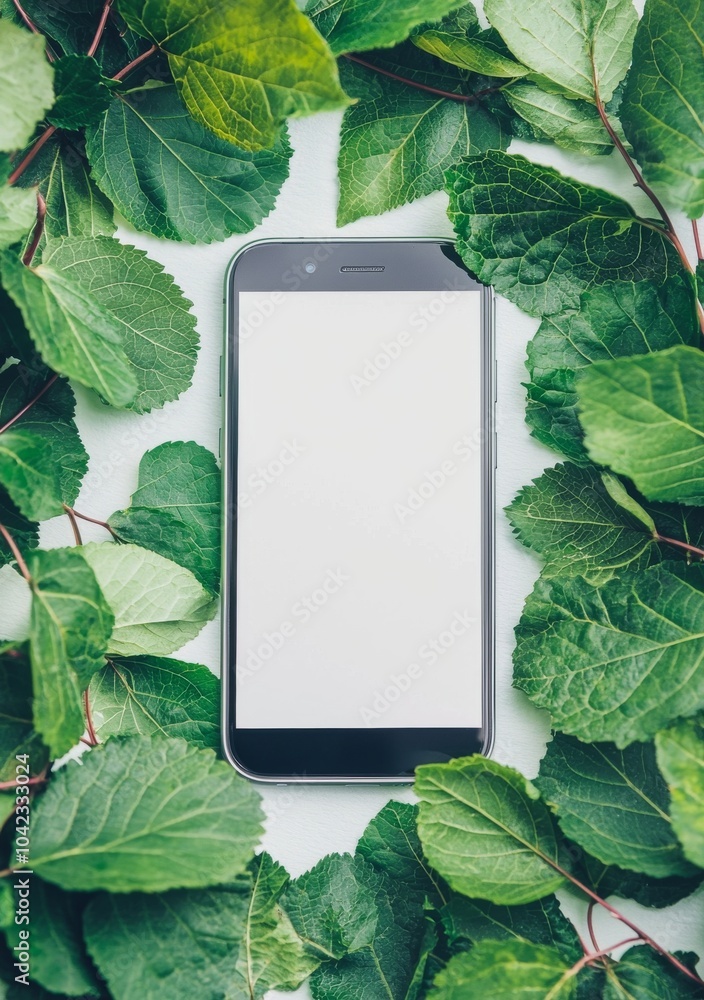 Poster an empty mobile phone screen template mockup of green leaves in a nature scene with product app ads