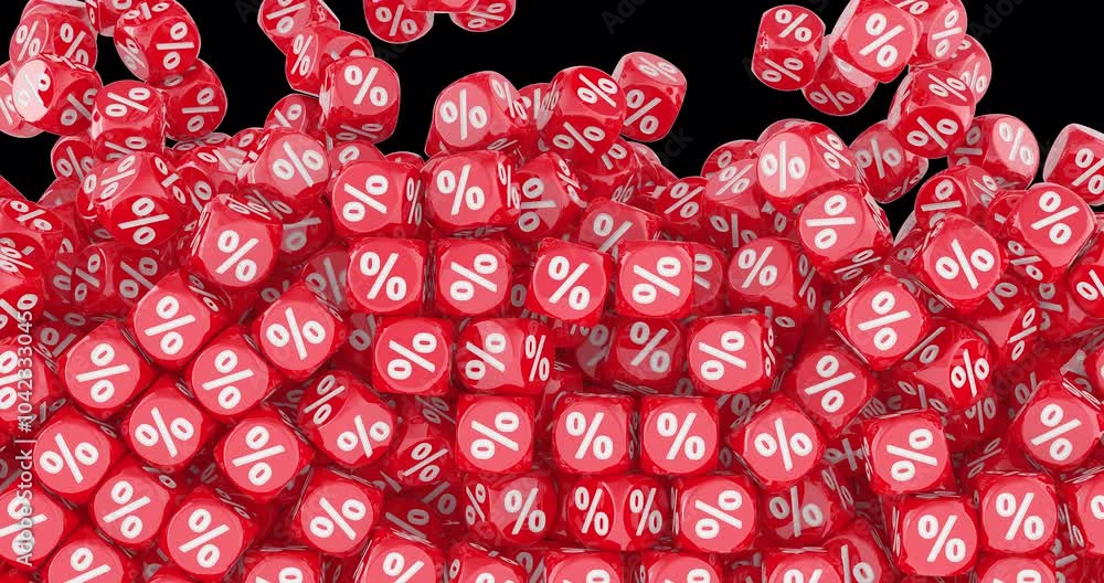 Poster red discount cubes falling and fill the screen. 3d animation on transparent background