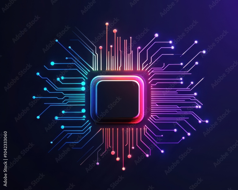 Poster stylized microchip design with vivid colors, showcasing intricate circuitry on a dark background.