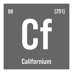Obraz premium Californium, Cf, periodic table element with name, symbol, atomic number and weight. Synthetic radioactive element with potential uses in scientific research and nuclear power.