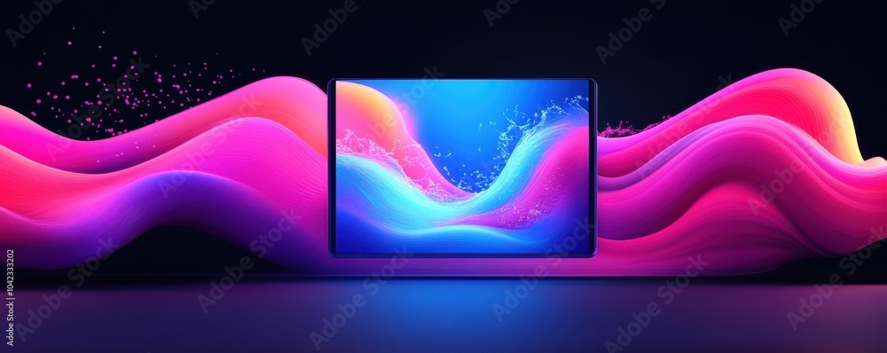 Poster vibrant digital display with flowing waves of color in a futuristic setting, perfect for tech backgr