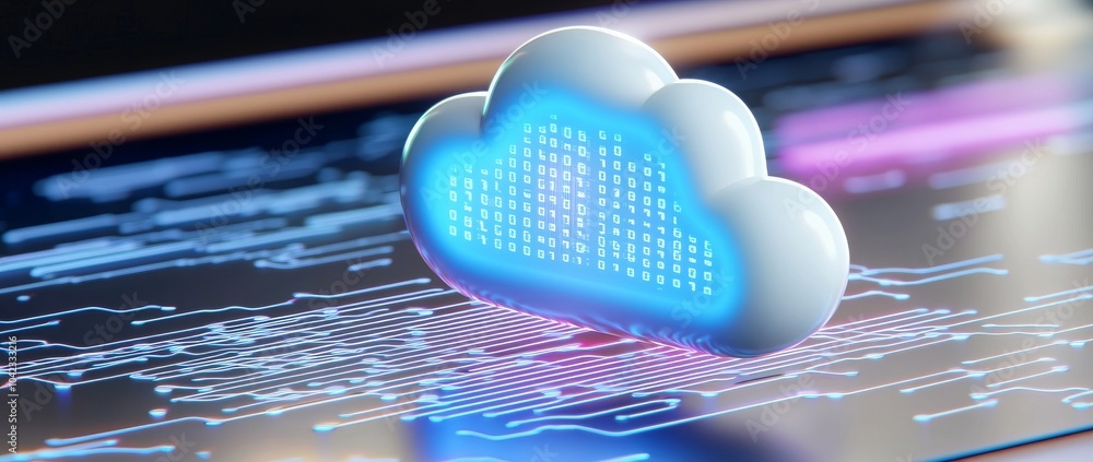 Poster multilayered cloud security measures demonstrating holographic data streams flowing securely in an i