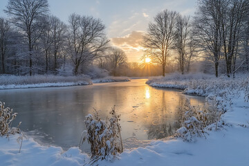 A frozen lake with a layer of ice, surrounded by snow-covered trees, and soft winter light reflecting off the icy surface, creating a serene and peaceful winter scene.
