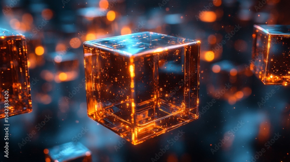 Poster Translucent cubes illuminated with warm orange light drift through a dark space, creating a captivating atmosphere filled with glowing particles.