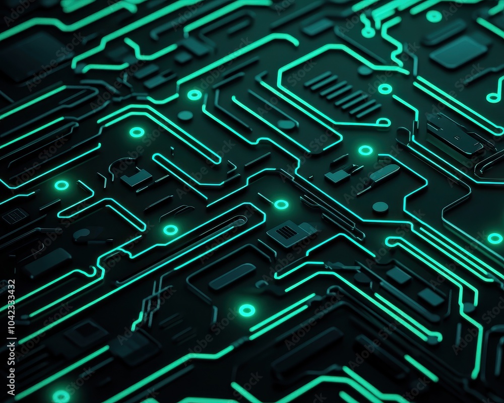 Poster a close-up of a futuristic circuit board design with glowing green lines on a dark background.