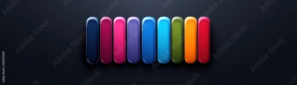 Poster a vibrant array of colorful oblong shapes arranged neatly on a dark background, creating a striking 